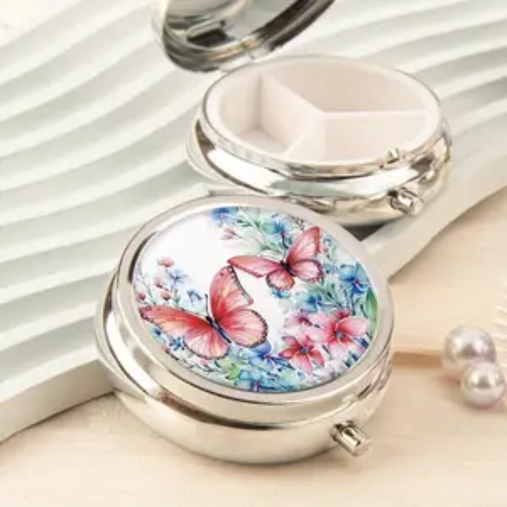 Two Pink Butterflies With Floral Pill Box -  NEW